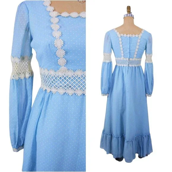 Vintage 70s Blue Maxi Dress Dotted Swiss Long Sleeves Bohemian RomanticW 26
